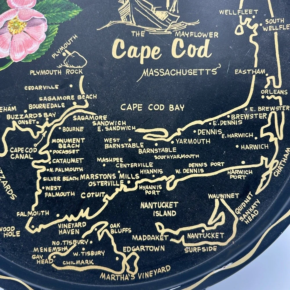 Vintage 60s Cape Cod Massachusetts Tin Metal Serving Tray Souvenir Map 11
